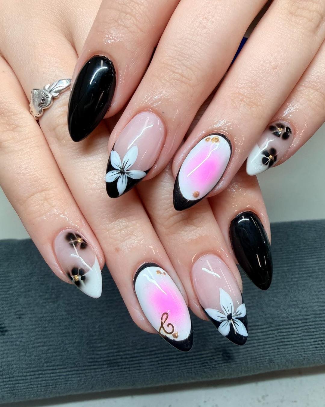 Black and blush gradient aura nail art